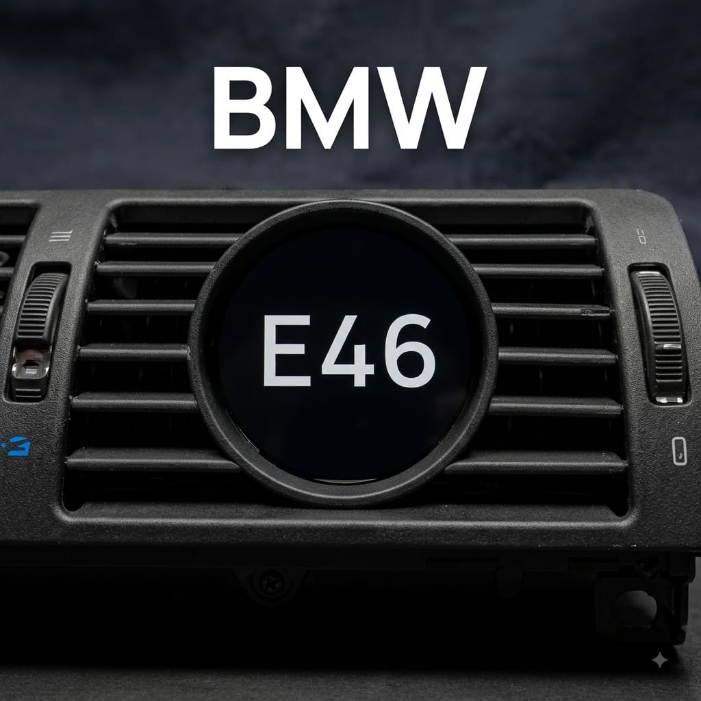 Suporte manómetro 52mm instalado na grelha de ventilação central BMW Série 3 E46 com marcação BMW E46