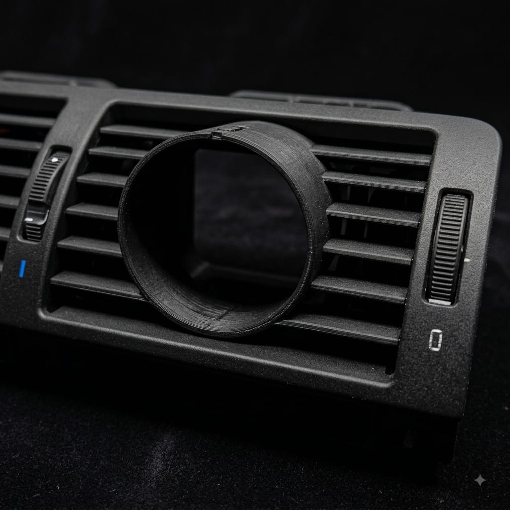Pod manómetro 52mm encaixado na grelha de ar BMW E46 vista angular polímero técnico preto matte