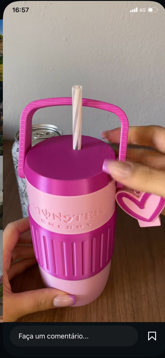 Porta-Latas Monster Energy 500ml com Alça e Palhinha | Edição Pink
